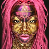 a woman with pink dreadlocks and gold makeup